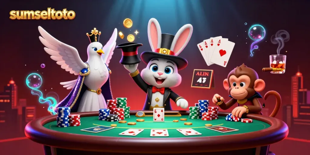 Experience the excitement of sumseltoto with a magical 3D casino scene packed with colorful poker elements.