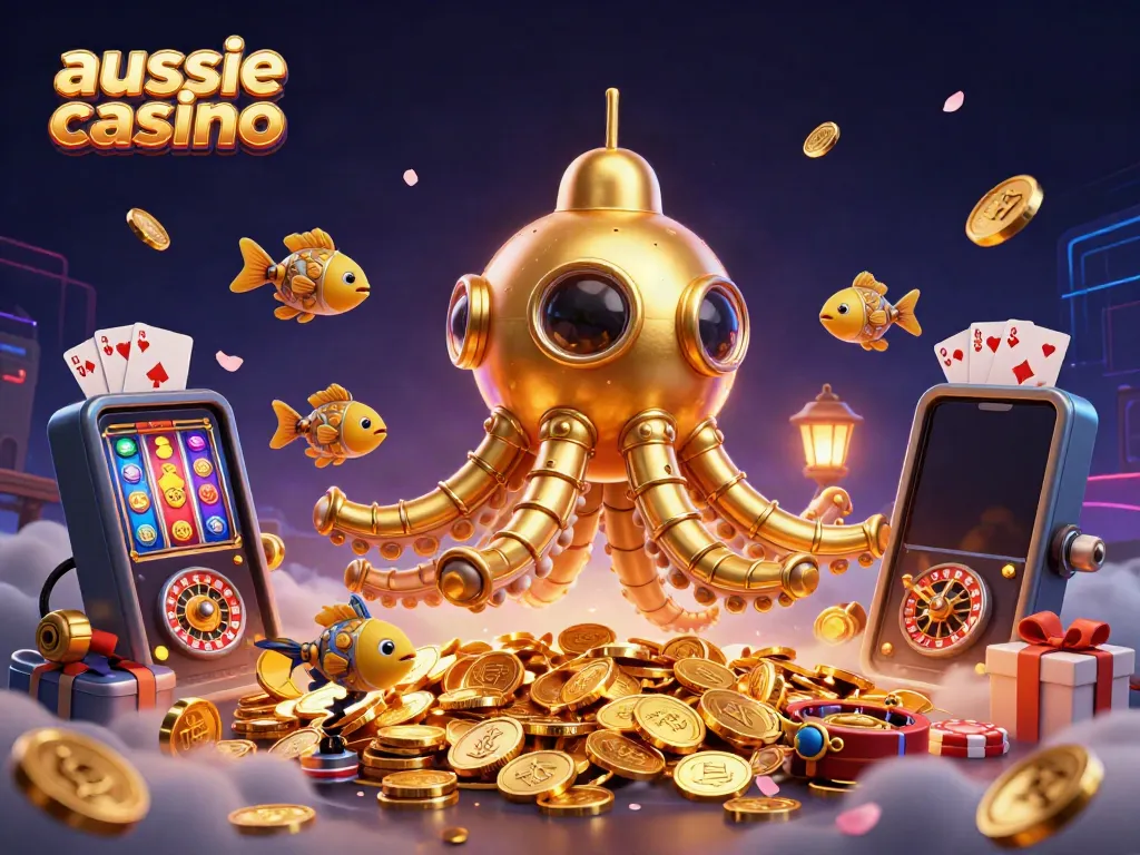 Aussie casino themed 3D illustration featuring a golden kraken submarine, mechanical fish, and dynamic gaming elements.