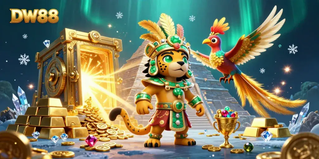 Experience the excitement of DW88 with the Mayan jaguar priest in a treasure-filled casino scene.