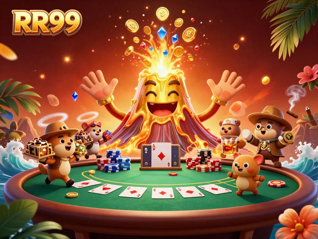 Experience the excitement of RR99 as treasure erupts from a volcano amidst a vibrant casino scene.