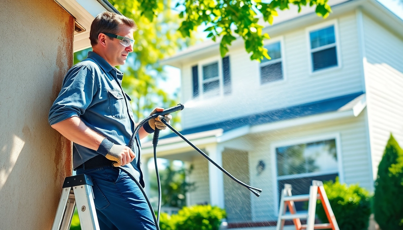 House Washing service with a technician cleaning a home's exterior, showcasing professional equipment and bright surroundings.