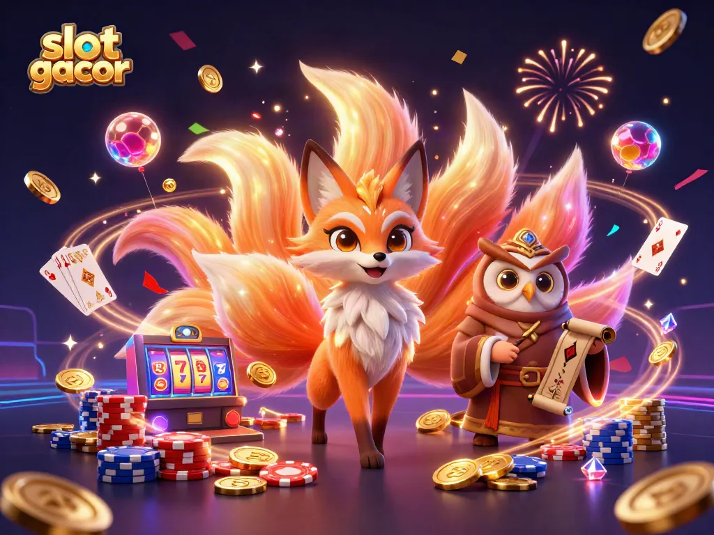 Experience thrilling moments with the vibrant slot gacor scene featuring a nine-tailed fox, wise owl, and dynamic elements.