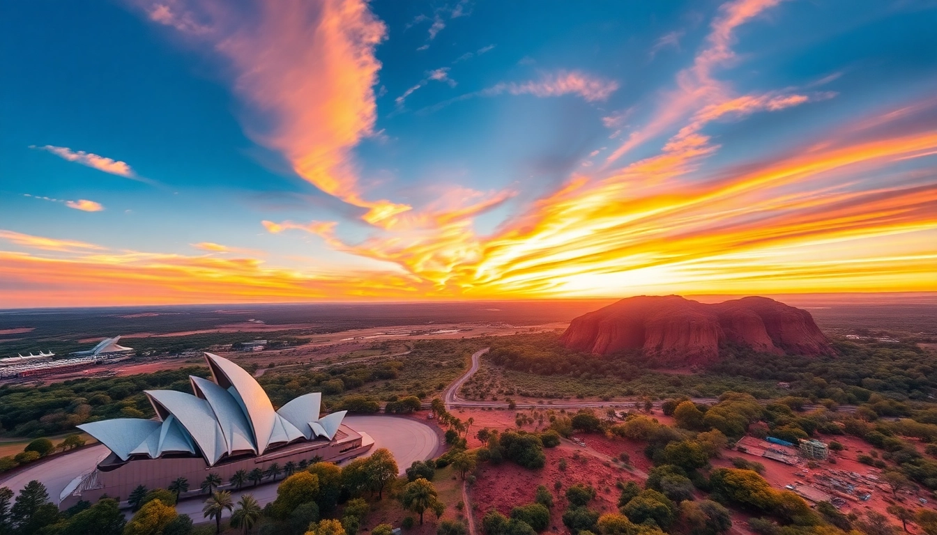 Capture the beauty of Australia with the Sydney Opera House and Uluru under a sunset sky.