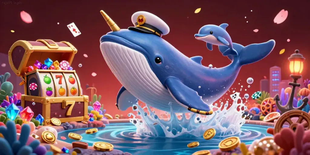 Experience the raja99 login with a vibrant underwater casino scene featuring playful dolphins and a colossal whale.