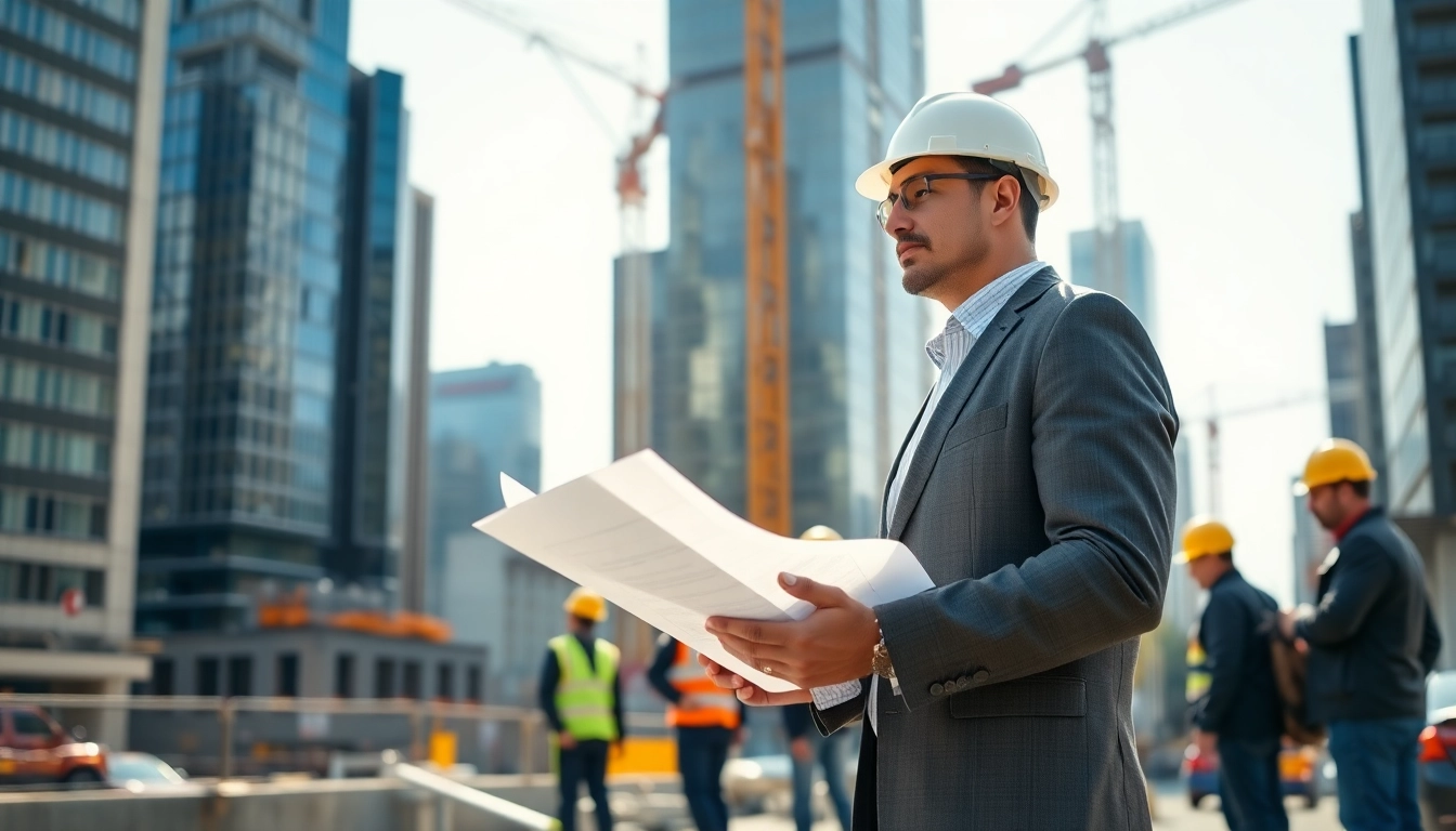 New York City Construction Manager reviewing blueprints on a bustling construction site.