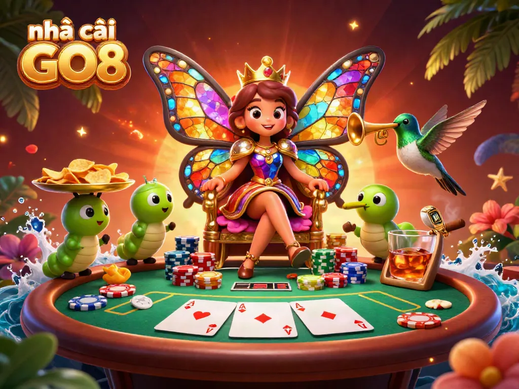 Experience excitement at nhà cái GO8 with lively poker-themed 3D casino illustration featuring vibrant characters and chips.