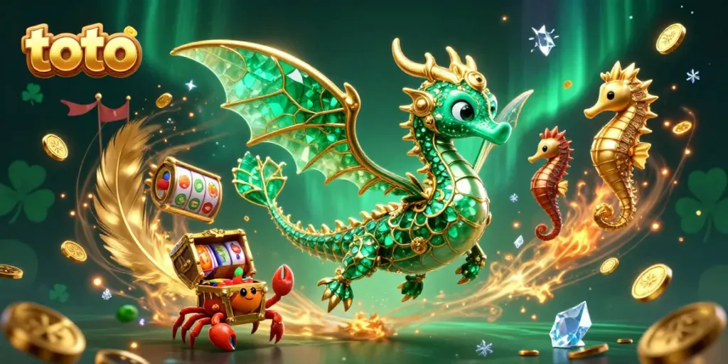 Engage with thrilling toto action as a sea dragon and crabs carry treasures amidst vibrant reels and coins.