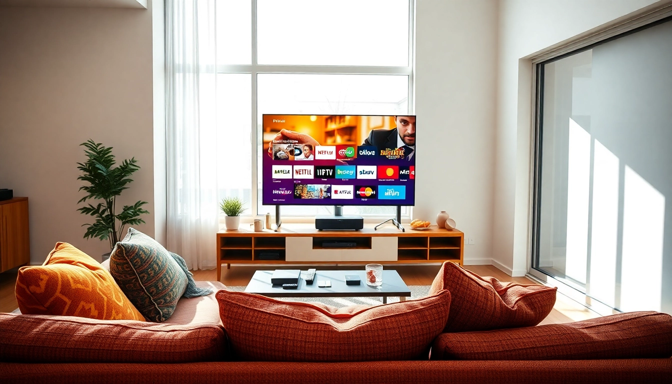 Streaming options with an iptv provider in US showcased in a modern living room environment.