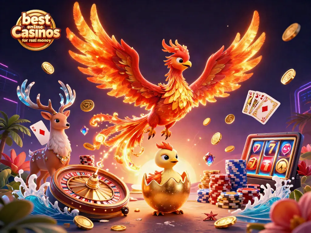 Experience the thrilling world of the best online casinos for real money, featuring a soaring phoenix and dazzling casino elements.