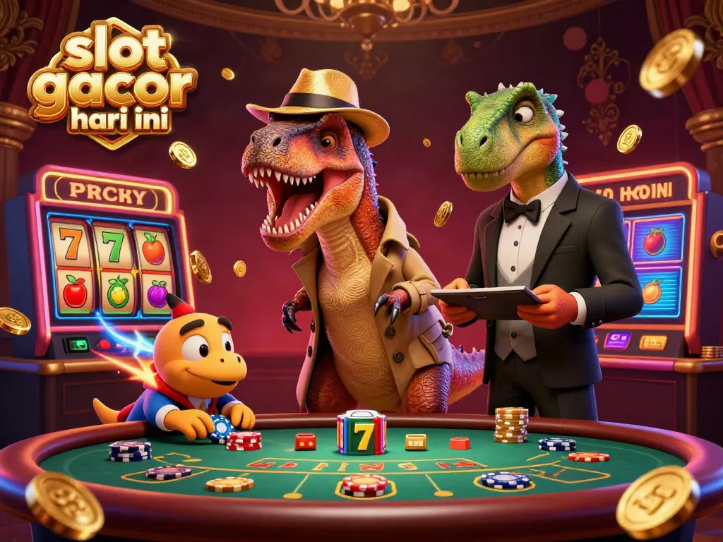 Experience gaming thrills with slot gacor hari ini featuring a velociraptor at a blackjack table amidst vibrant casino elements.