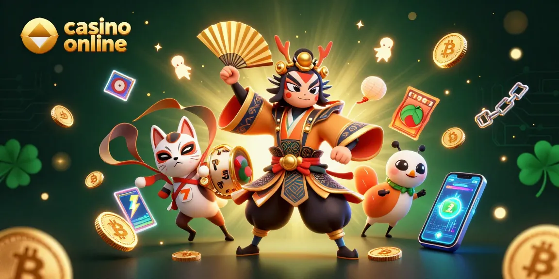 Una ilustración 3D mostrando el juego en un casino online con un guerrero kabuki y elementos de criptomonedas.