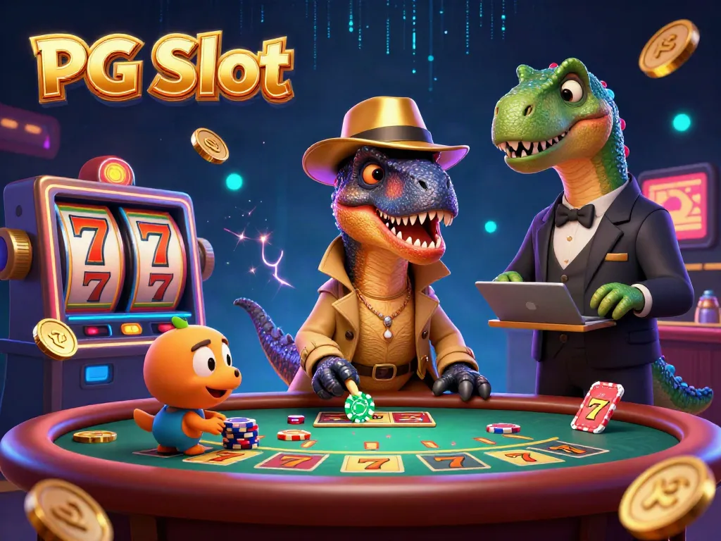 PG Slot yang menggambarkan velociraptor bermain kartu di meja blackjack dengan suasana kasino yang menarik.