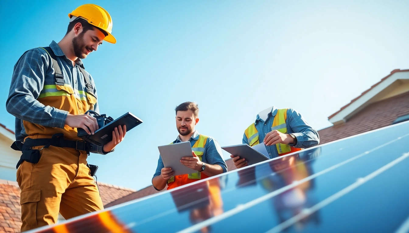 Solar repair company New Jersey technicians actively maintaining solar panels on a rooftop.