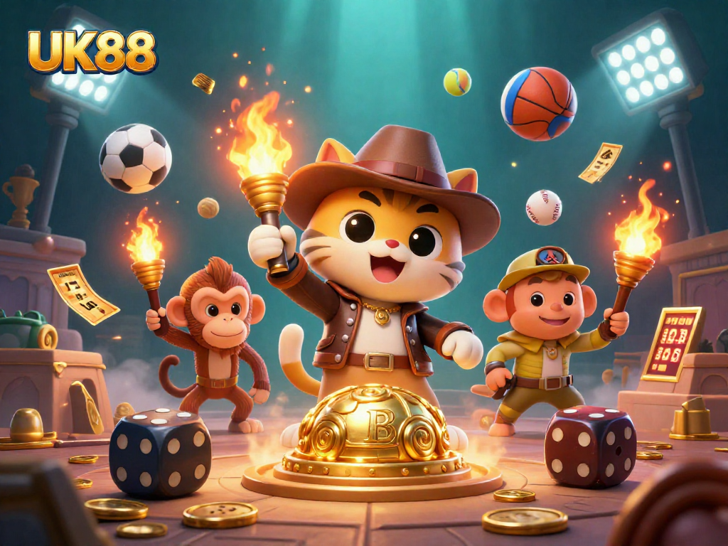 Explore UK88's exciting world as a cat and monkey discover golden artifacts in a dynamic casino scene.