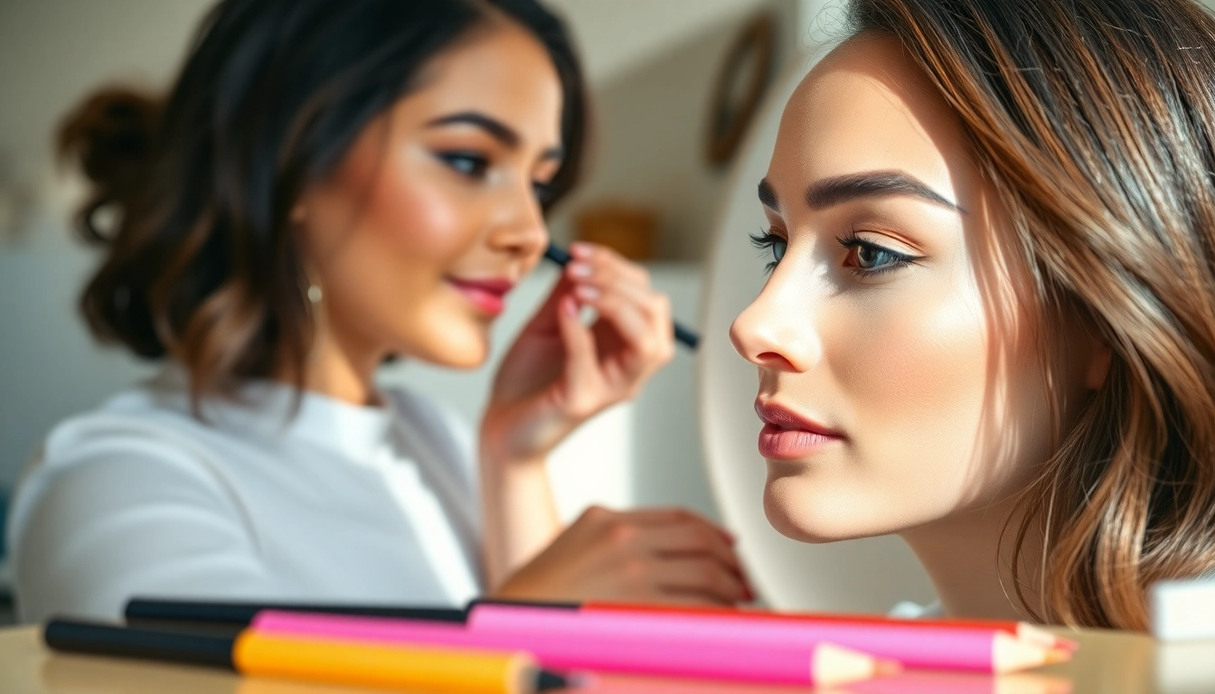 Model receiving pencil eyebrows application from a makeup artist in a bright studio.
