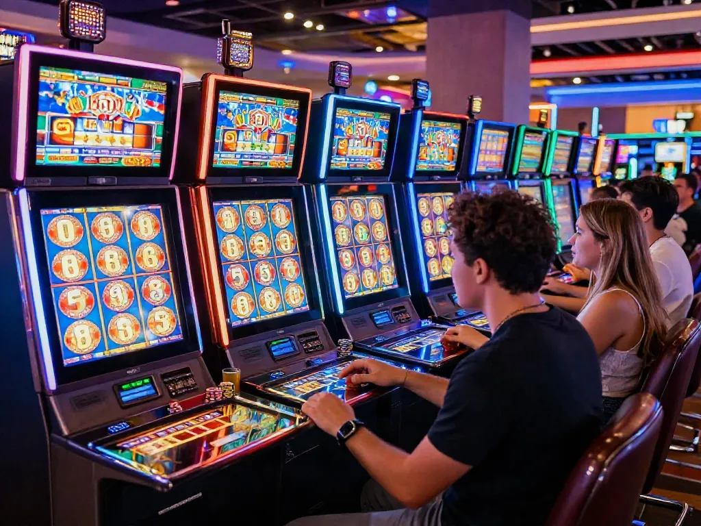 Players enjoying vibrant slot gacor games in a lively casino environment.