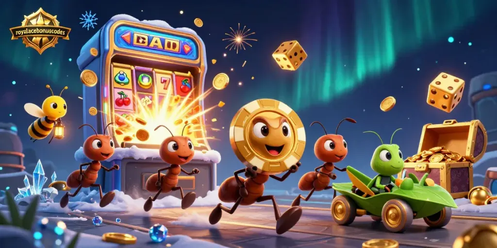 Engaging scene showcasing royalacebonuscodes with lively cartoon ants in a thrilling casino heist.