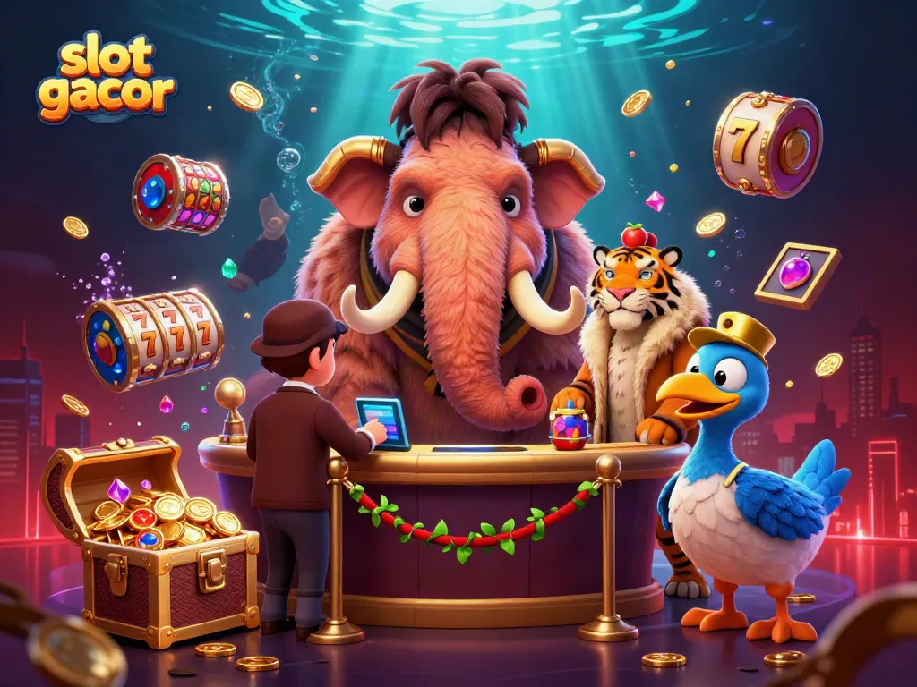 Experience the excitement of slot gacor with vibrant characters and casino elements in a dynamic scene.