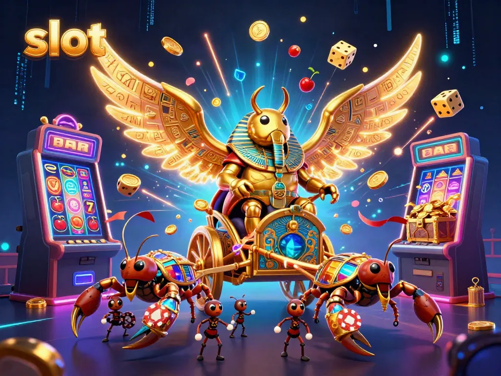 Slot yang menampilkan scarab emas bercahaya dan mesin slot penuh koin di sekitar.