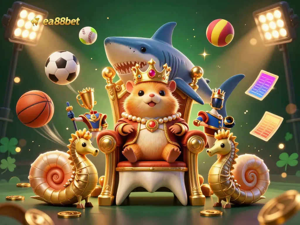 Embrace winning strategies at ea88bet with a vibrant online gambling scene showcasing a hamster king in a lavish throne amidst a flurry of sports elements.