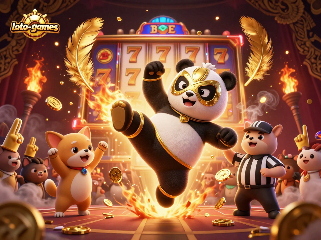 Engage in lively action at loto-games, featuring a wrestling panda amidst thrilling slot reels and gold coins.