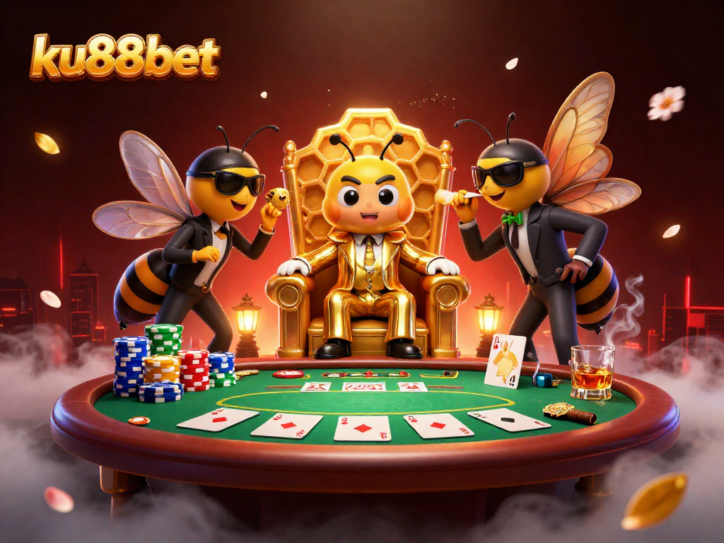 Engage with ku88bet's vibrant poker scene featuring a buzzing bumblebee mob boss and his entourage.
