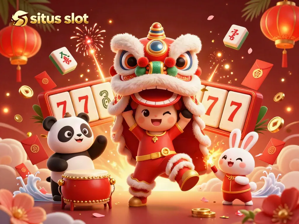 Visualisasi kreatif yang menggambarkan tema situs slot dengan karakter tarian singa dan elemen kasino menarik.