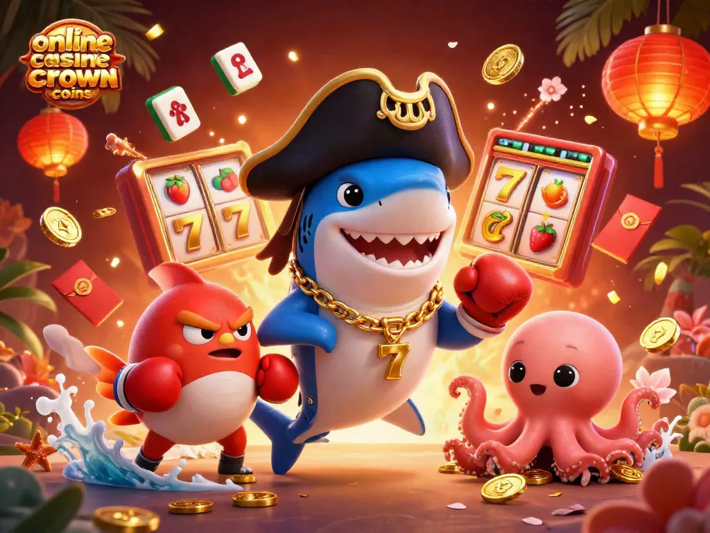 Play at an online casino like Crown Coins; featuring slot games, vibrant characters, and dynamic visuals.