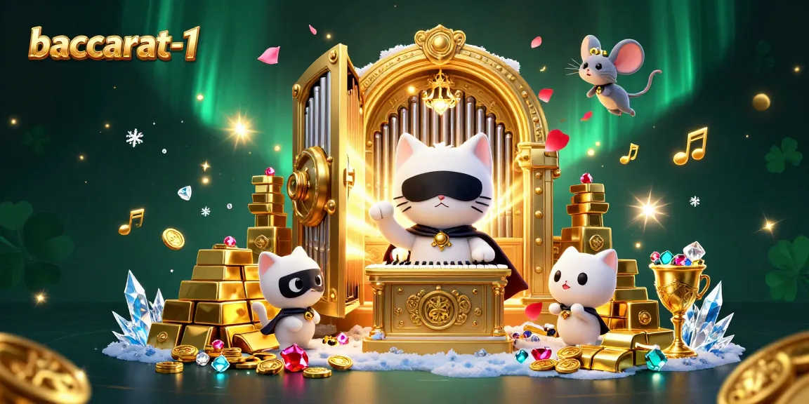 Baccarat-1 showcases an enchanting 3D scene with a casino-themed white cat playing at an ornate pipe organ.