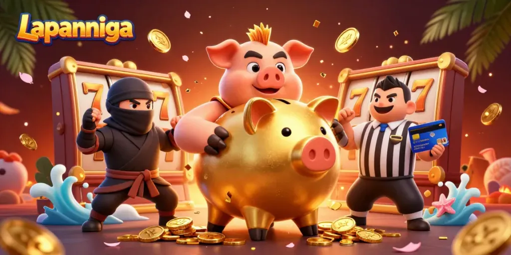 Engage with Lapannaga in a lively casino scene featuring a piggy bank sumo wrestler and dynamic elements.