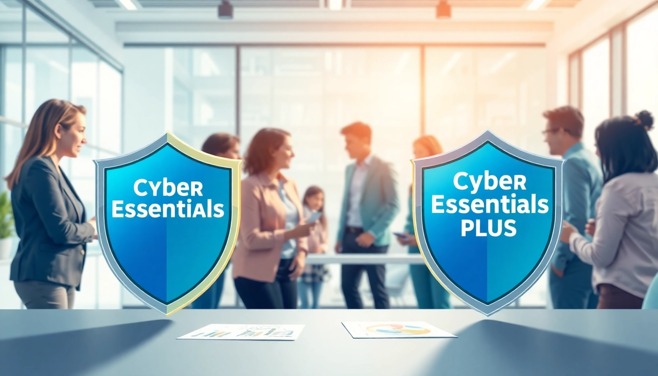 Compare cyber essentials vs cyber essentials plus through a vibrant illustration of a cybersecurity discussion.
