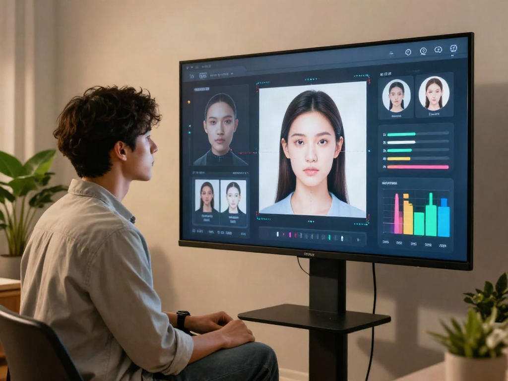 Engaging scene of a test of attractiveness with a user interacting with AI technology for facial analysis.