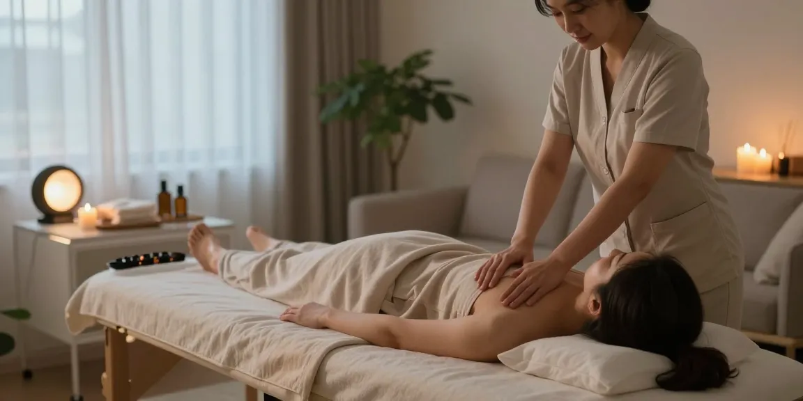 Experience a soothing 하남출장마사지 in a tranquil home setting with candles and relaxing music.