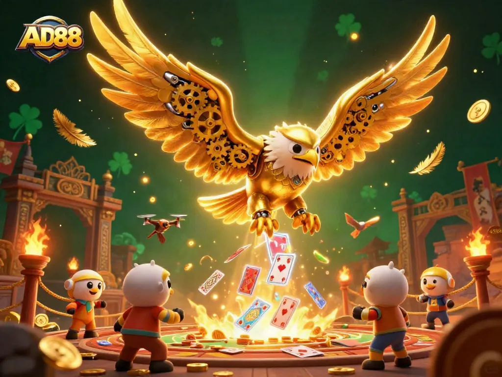 AD88 features a 3D cartoon golden eagle soaring through holographic playing cards in a casino-themed scene.