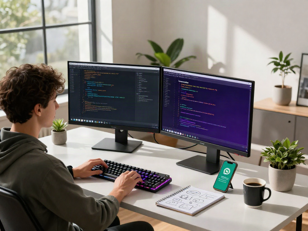 Immersed in coding, a developer works on gb whatsapp apk in a modern workspace.