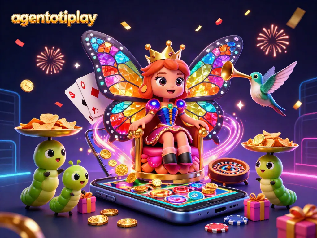 Spin and win with agentotoplay's vibrant online gambling scene featuring a butterfly queen, chips, and a colorful slot game.