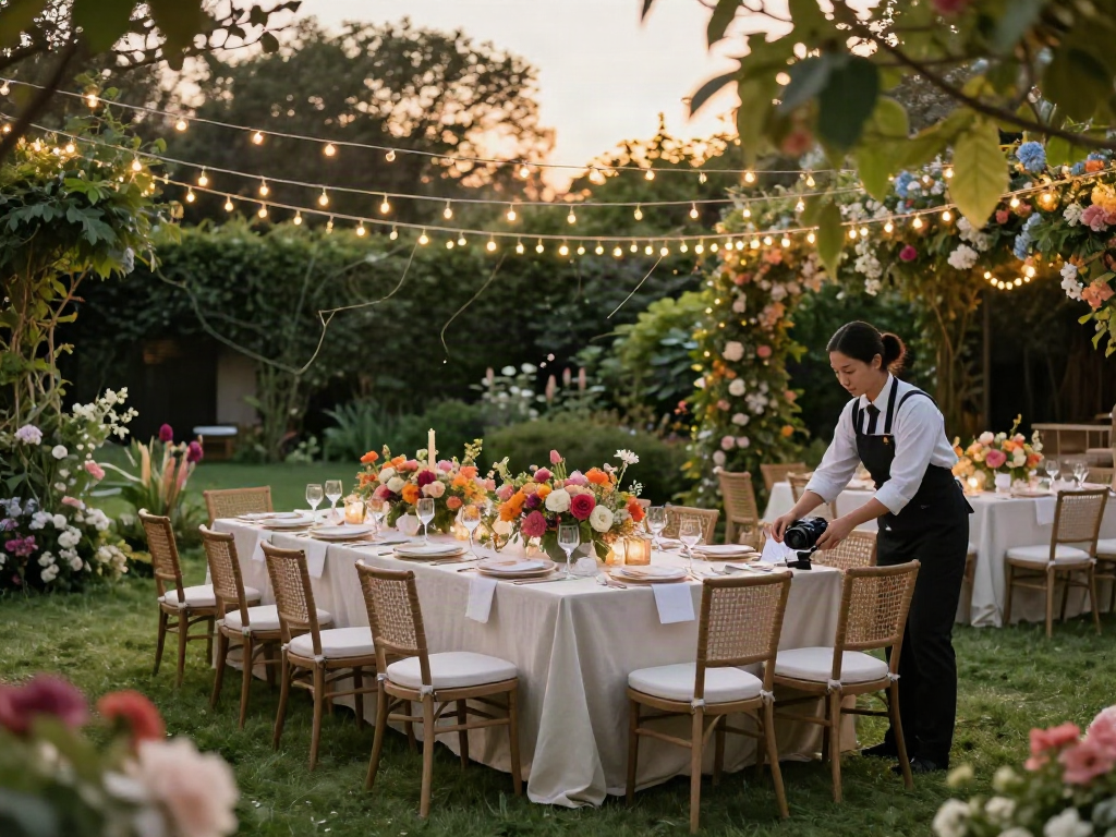 Premium event furniture rental setup in a lush garden for elegant gatherings.