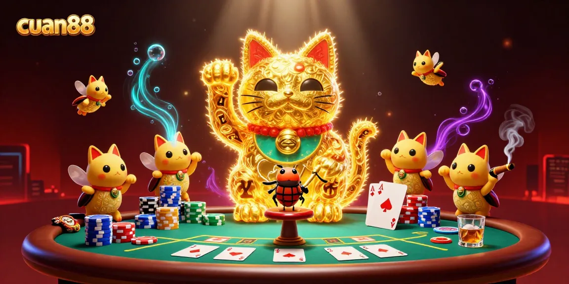 Menggairahkan cuan88 dengan ilustrasi kasino penuh warna dan karakter kucing keberuntungan.