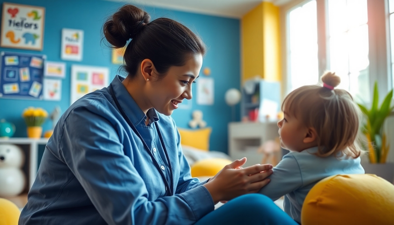 Engaging early intervention ABA session between therapist and child in a bright therapy room.