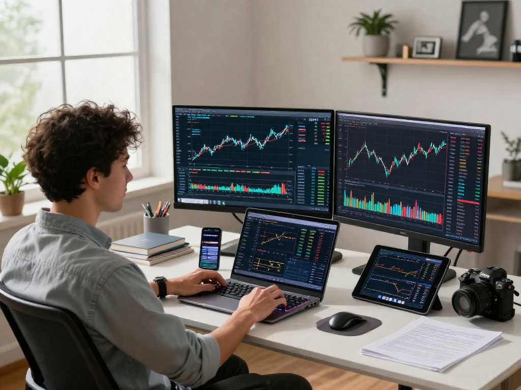 Trading setup featuring US stock backtesting data API on dual monitors in a modern home office.