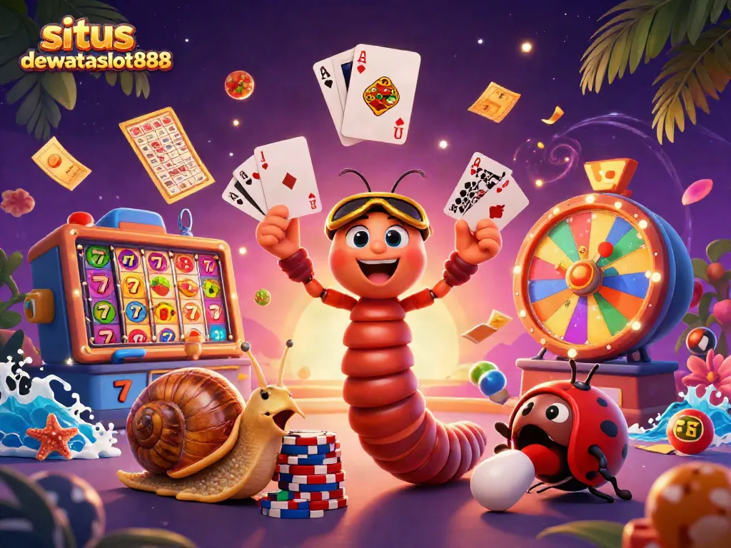 Situs dewataslot888 menampilkan dealer kartun milipede dengan tangan kecil dan simbol slot yang menarik dalam visual yang dinamis.