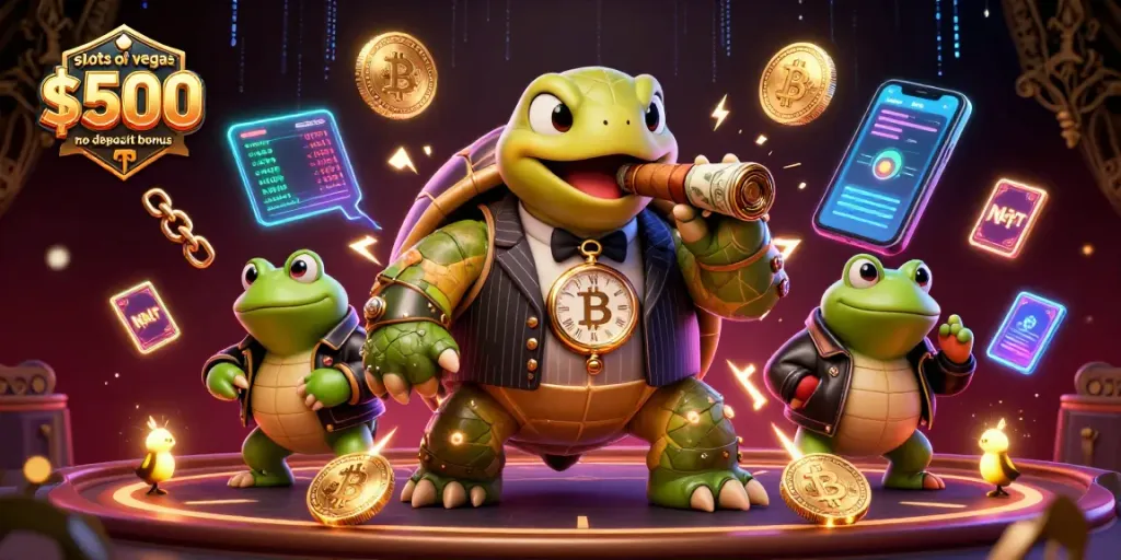 Experience thrilling gameplay with slots of vegas $500 no deposit bonus in this dynamic casino scene featuring a unique turtle in mobster attire.