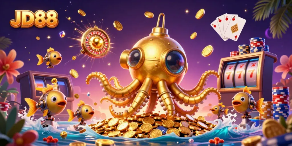 Experience the excitement of JD88 with a golden kraken submarine and vibrant casino elements.