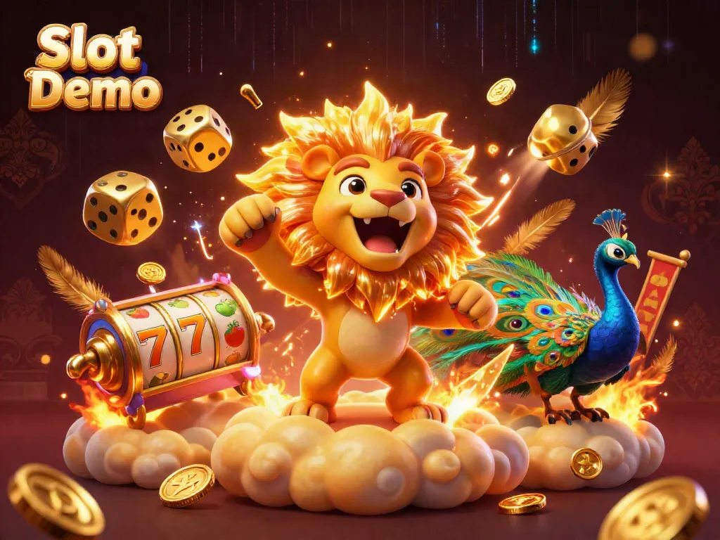 Try exciting Slot Demo games with our 3D casino illustration featuring vibrant reels and golden coins.