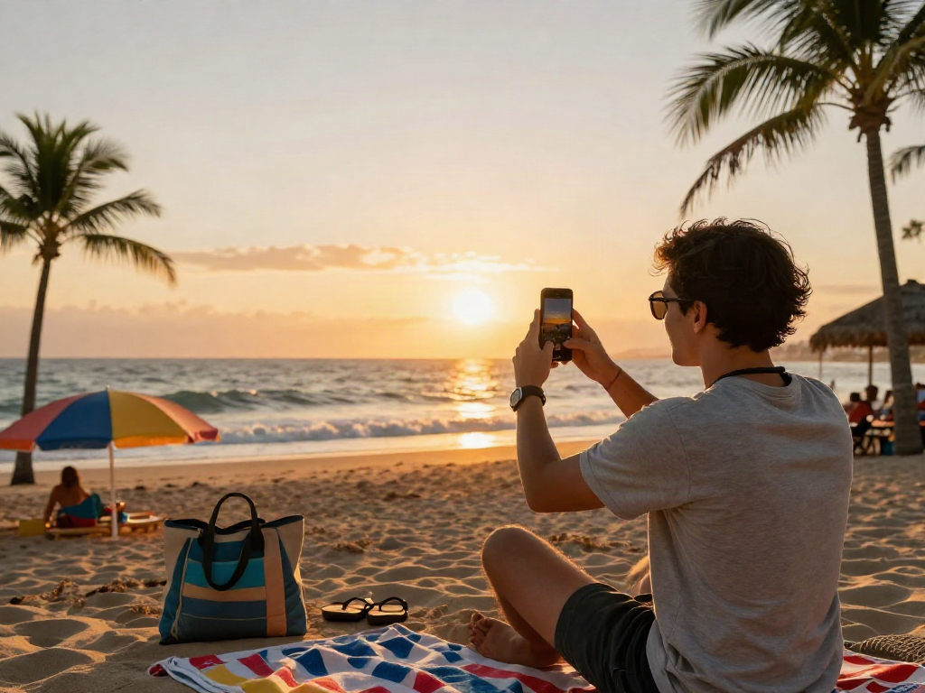 A traveler enjoying a sunset at the beach, capturing qris slot on their smartphone.