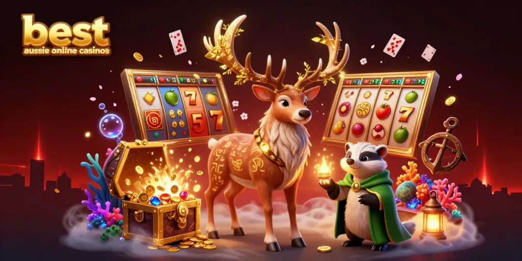 Experience the excitement of the best aussie online casinos with magical characters and vibrant casino elements.