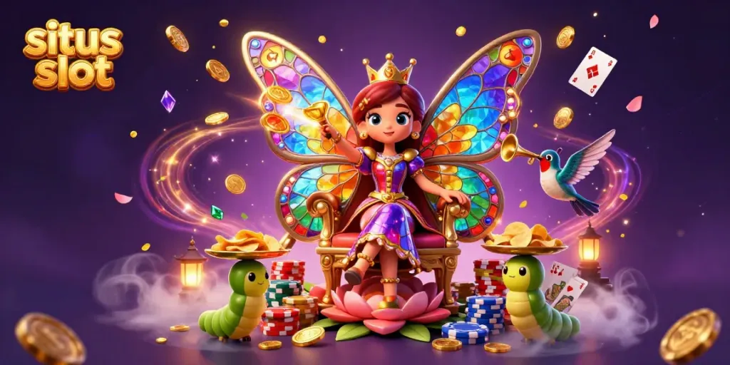Gambarkan suasana permainan situs slot dengan karakter ratu kupu-kupu 3D dan elemen kasino lainnya.