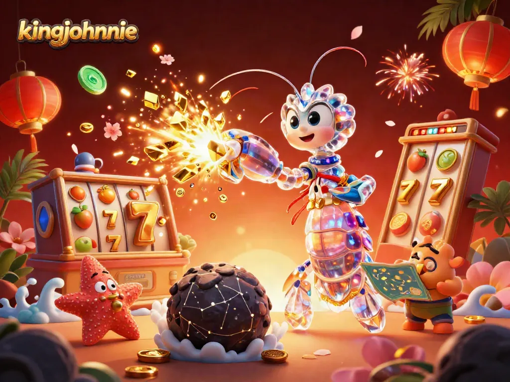 Experience thrilling wins at kingjohnnie with a vibrant 3D casino illustration showcasing exciting slot games.
