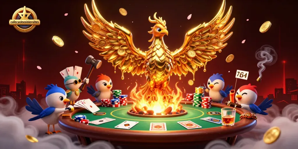 Engage in thrilling play at cafecasinosistersites with a golden phoenix revealing treasures from a vibrant poker scene.