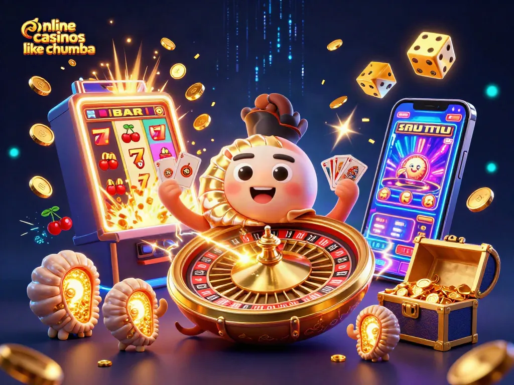 Engage with exciting online casinos like Chumba via a vibrant 3D illustration of gaming elements.